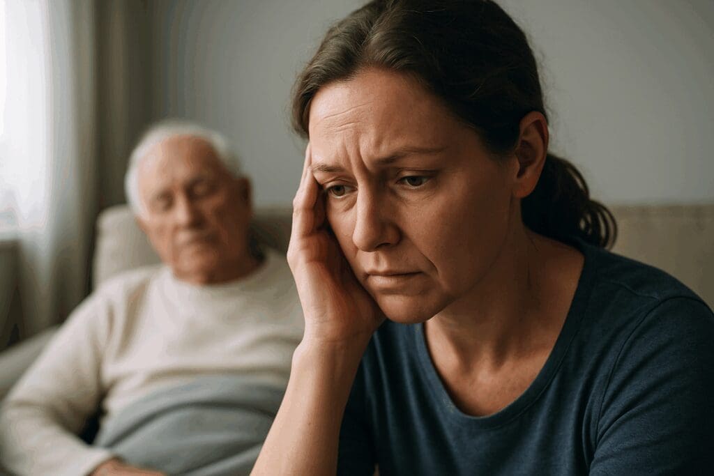 Concerned caregiver sitting beside her resting elderly parent, symbolizing the emotional need for dementia support groups near me.

