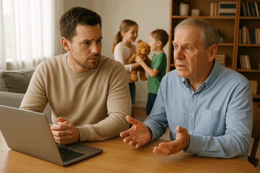 Young adult man balancing work and parenting while supporting an older family member with early cognitive decline, highlighting the need for dementia support groups near me.

