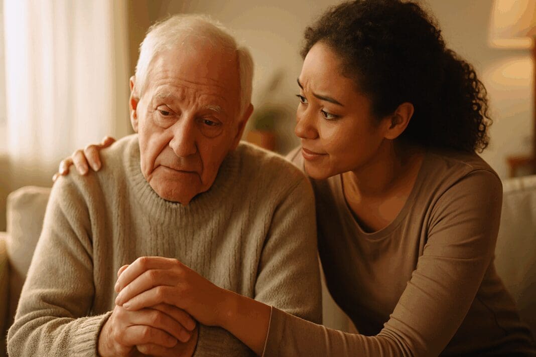 Caregiver gently comforting a sad elderly man in a sunlit living room, symbolizing trust, dignity, and depression awareness.