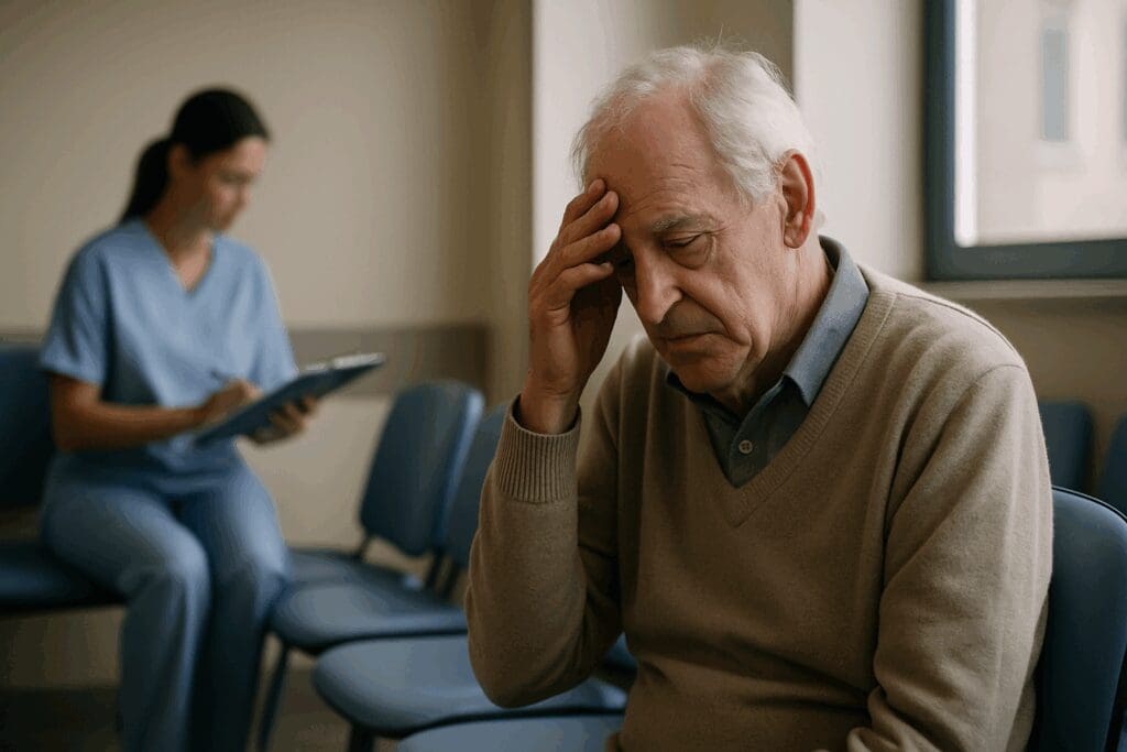 Elderly man in a waiting room showing signs of emotional fatigue, highlighting depression awareness in senior healthcare settings.

