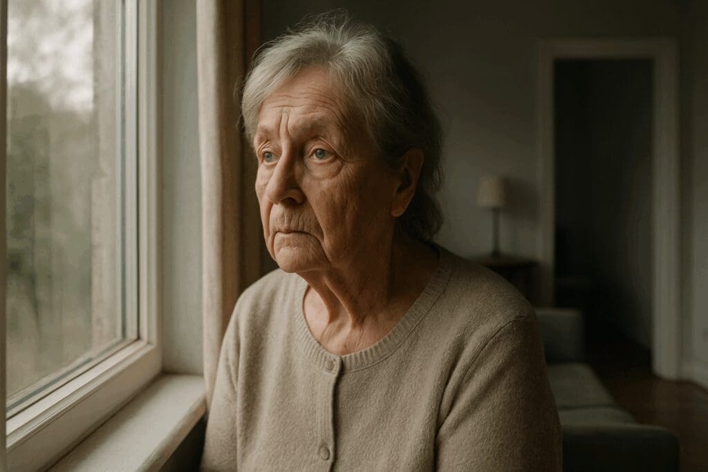 Elderly woman with a sad expression looking out a window alone in a dimly lit room, symbolizing emotional isolation and depression awareness.

