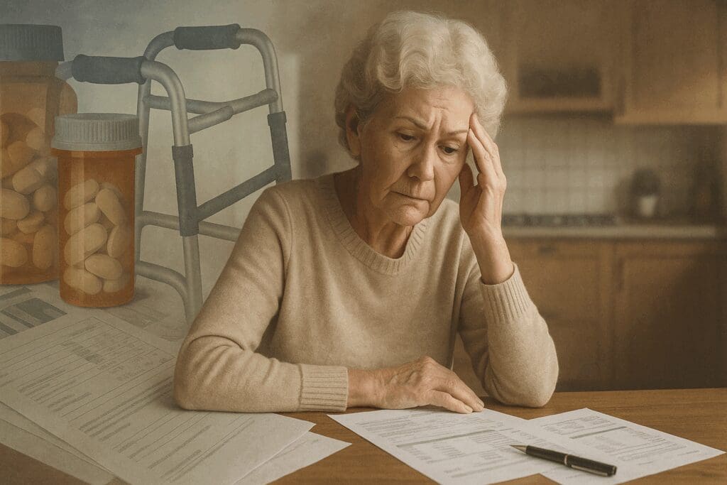 Elderly woman sitting at kitchen table with financial documents, pill bottles, and a walker nearby, symbolizing depression awareness through health and economic stress.

