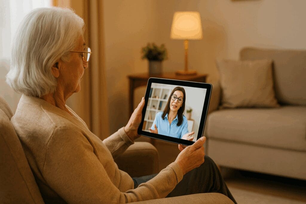 Senior woman in a cozy living room having a virtual therapy session on a tablet, promoting depression awareness and telehealth access.

