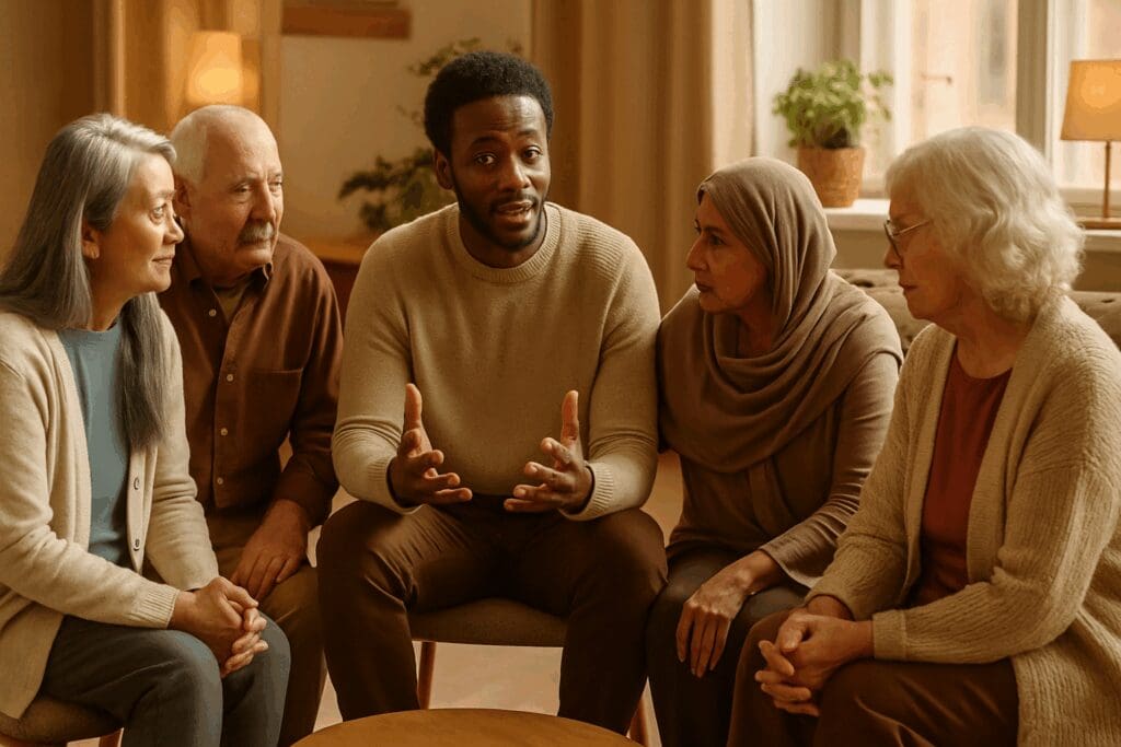 Multicultural elderly support group sharing in a warm circle led by a diverse facilitator, promoting community-based depression awareness

