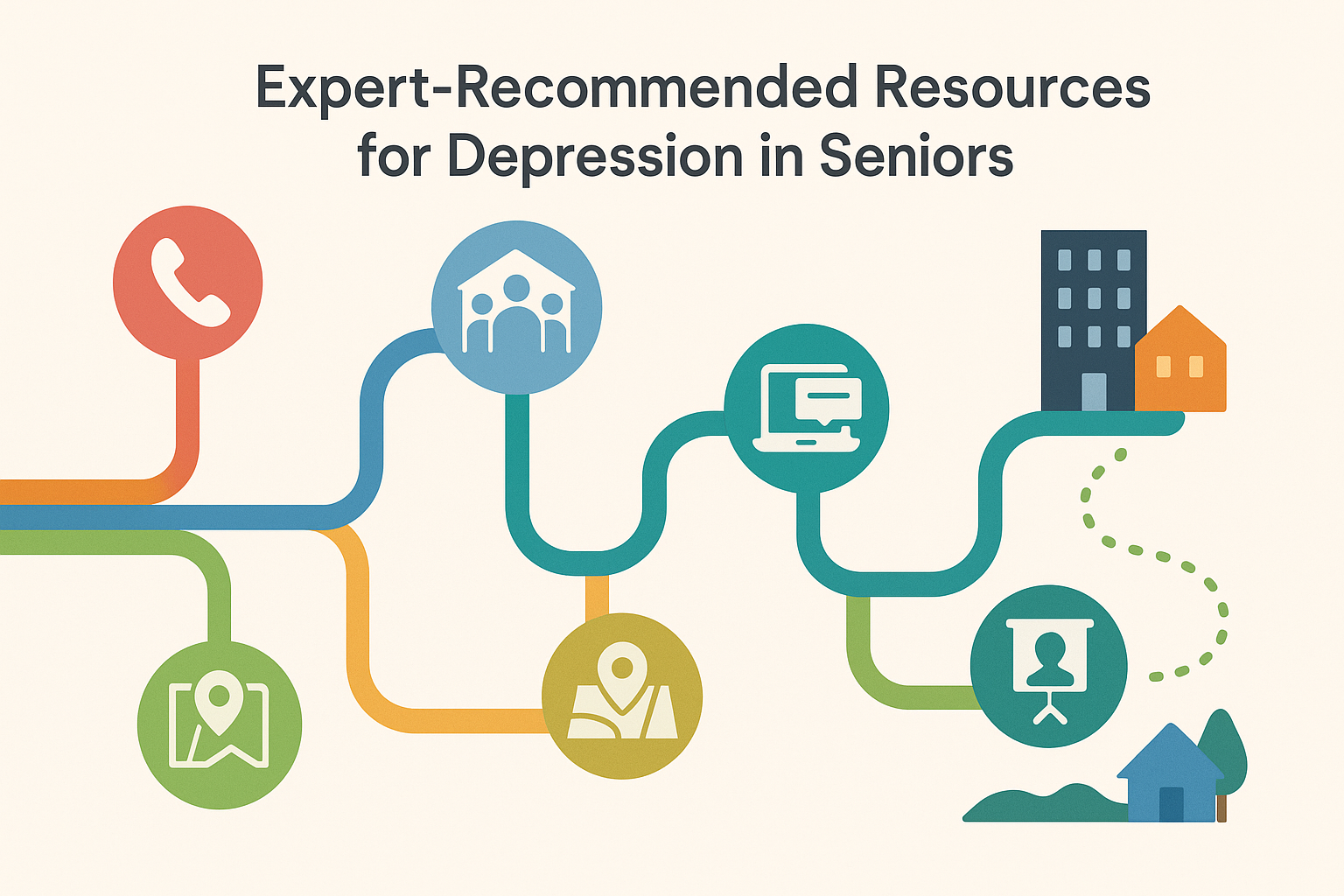 Color-coded infographic illustrating expert-recommended support resources for senior depression awareness, including therapy, hotlines, and caregiver tools.

