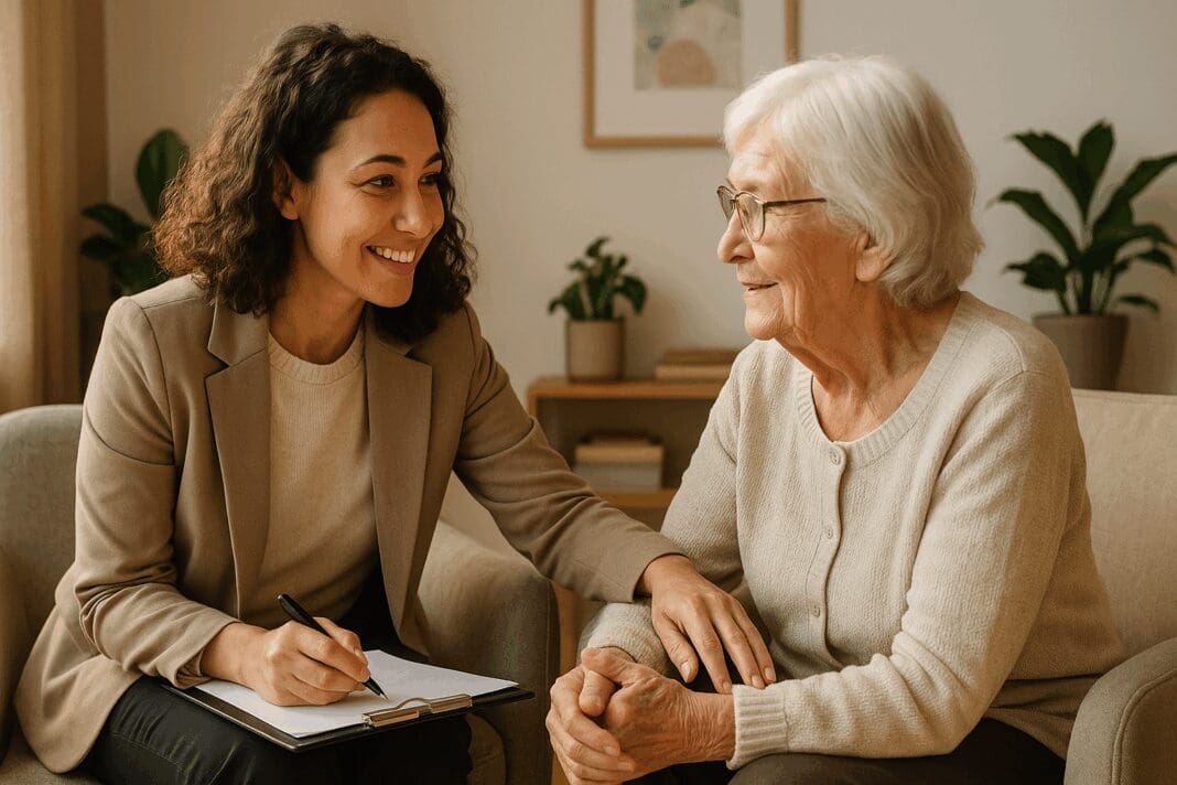 Compassionate therapist counseling an elderly woman in a sunlit room, representing behavioral health services near me