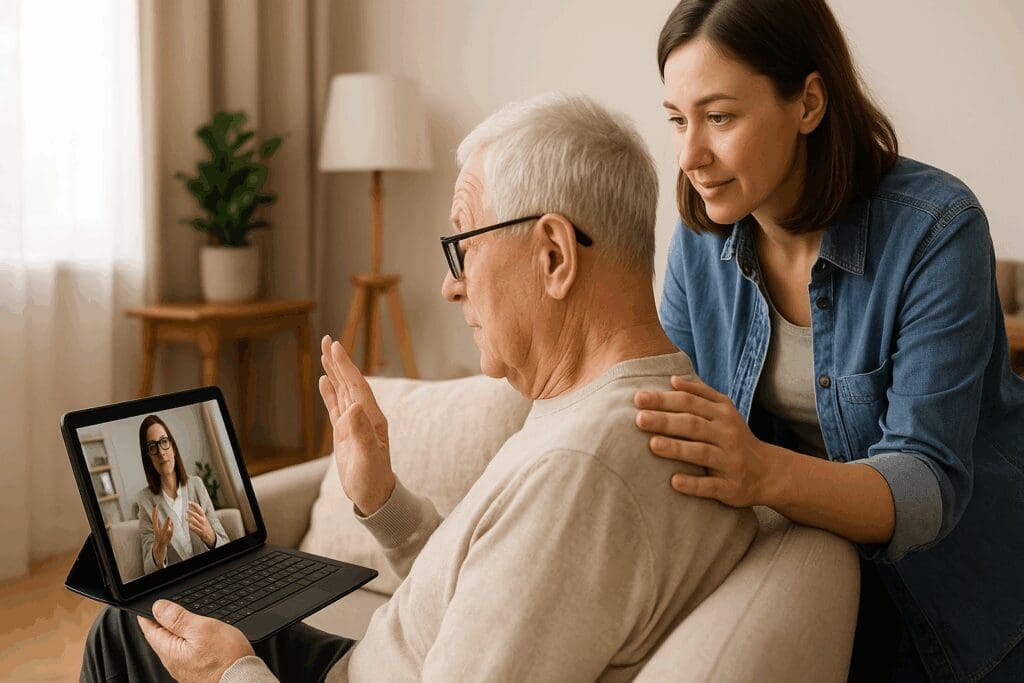 Senior man in a video therapy session with a caregiver nearby, accessing behavioral health services near me from home.

