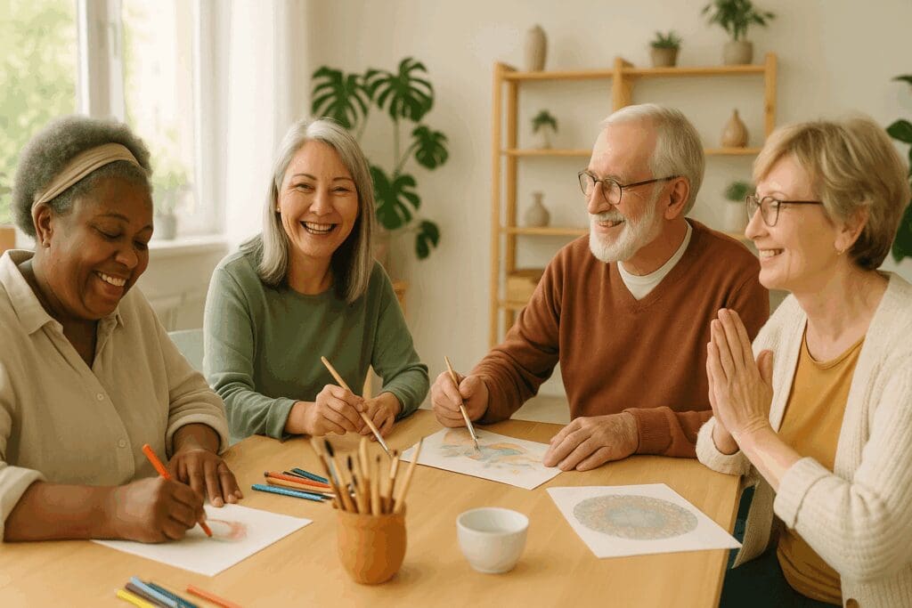 Older adults participating in a joyful group art session in a wellness center, symbolizing accessible behavioral health services near me.

