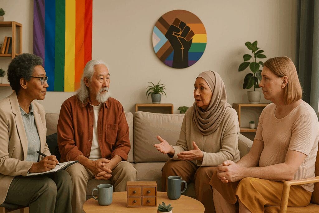 Diverse group of older adults in a supportive counseling session with a therapist, illustrating behavioral health services near me

