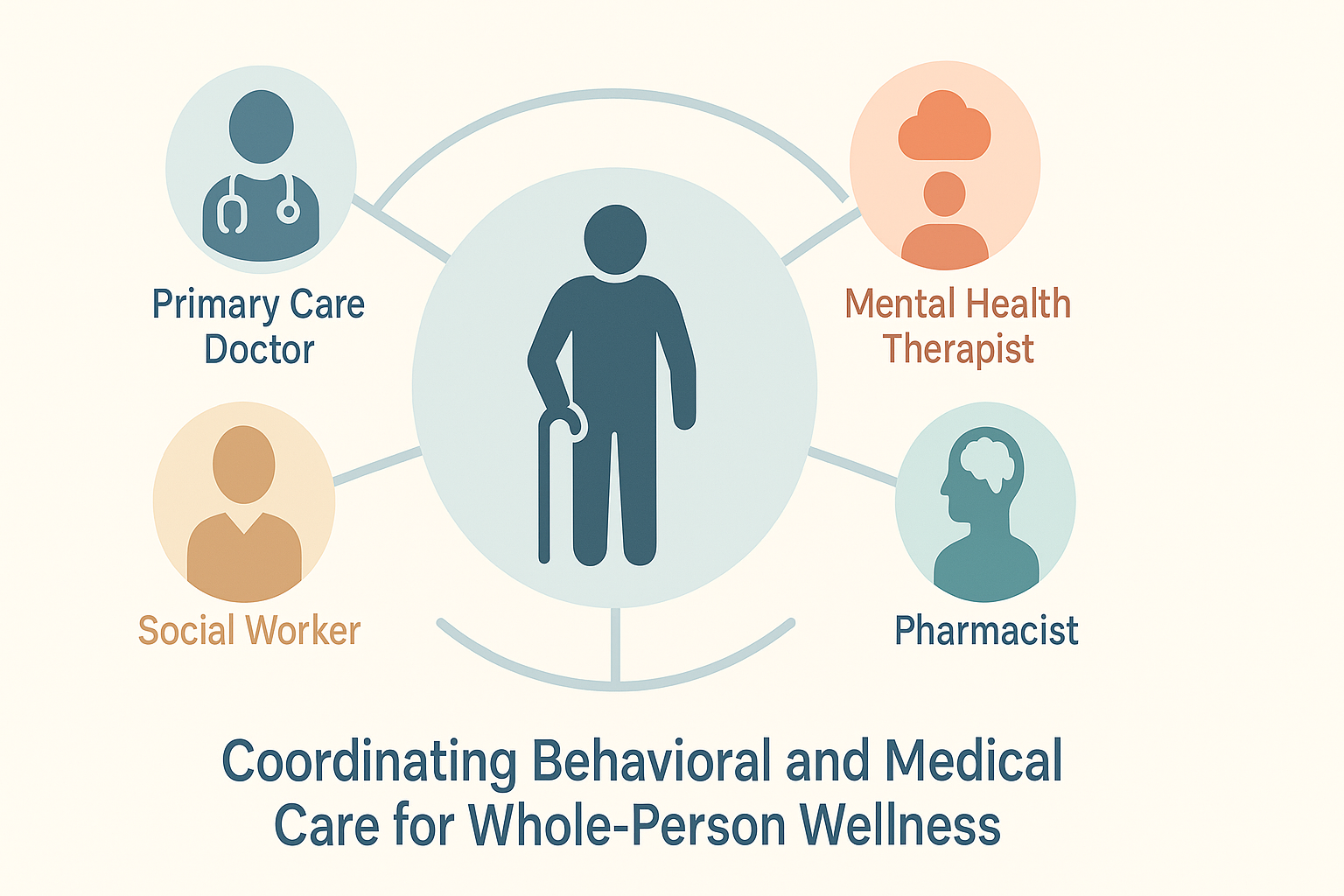 Diagram showing coordinated behavioral health services near me, with icons linking a senior patient to a doctor, therapist, psychiatrist, pharmacist, and social worker.

