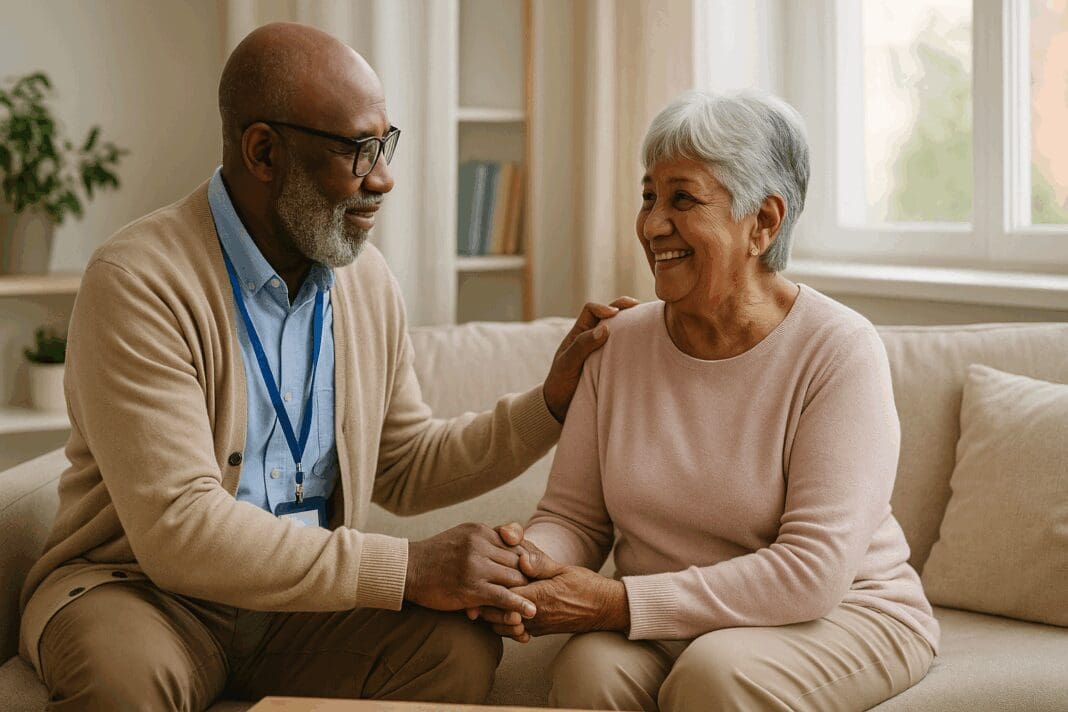Compassionate social worker talking with a smiling senior woman at home, illustrating how to contact social services for elderly.