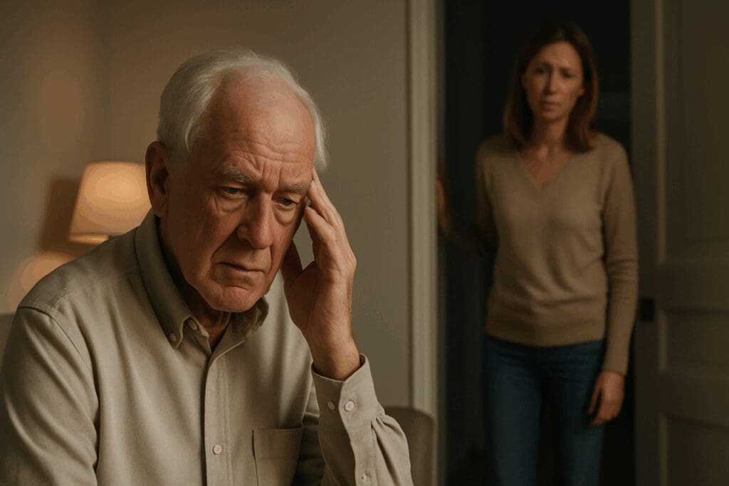Caring adult observes elderly man sitting alone at home, illustrating emotional decline and the need to learn how to contact social services for elderly.


