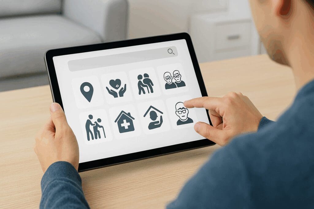 Person using tablet at home to search how to contact social services for elderly, with icons for senior care, maps, and support.

