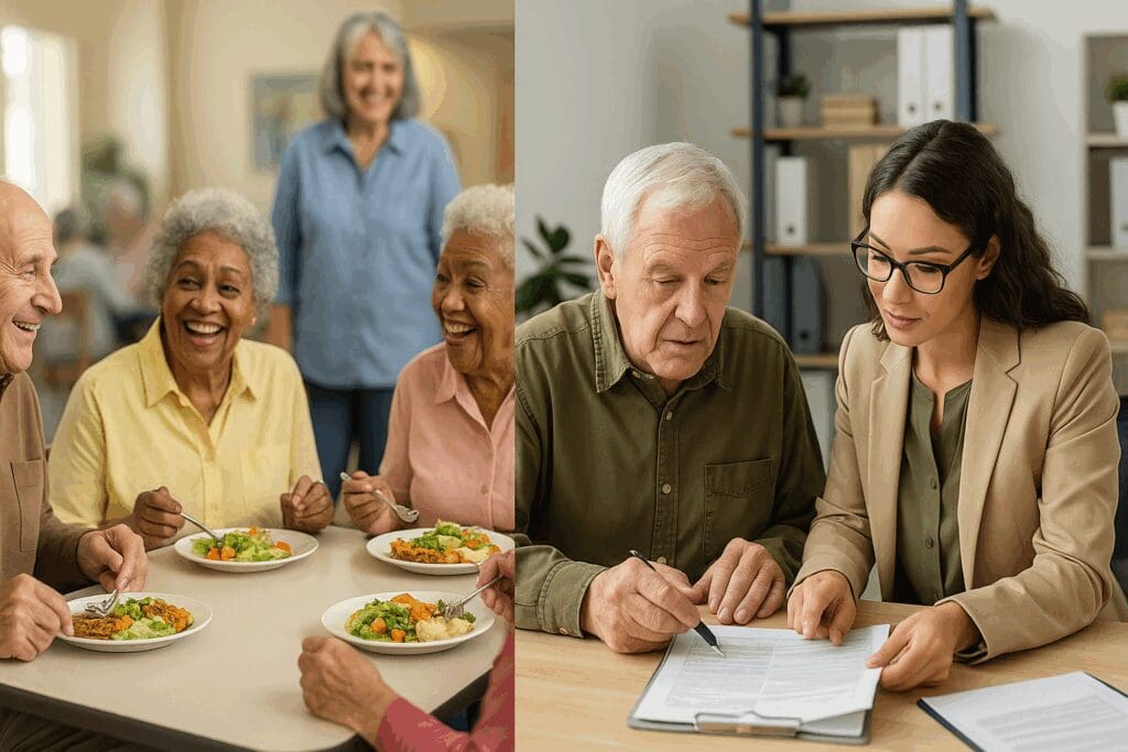 Split scene showing a senior center group meal and a social worker helping an older man with forms, illustrating how to contact social services for elderly

