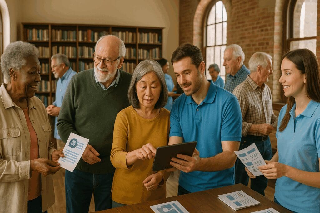 Diverse group of seniors at a community outreach event learning how to contact social services for elderly using pamphlets and tablets in a welcoming library setting.

