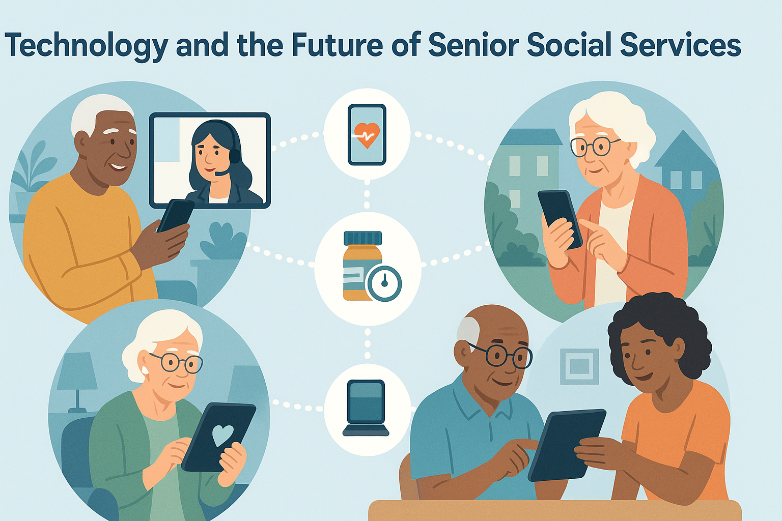 Diverse seniors using tablets and phones for video calls, health apps, and tech help, illustrating how to contact social services for elderly.

