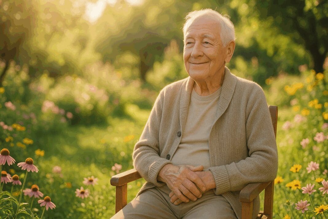 Elderly man sitting peacefully in a sunlit garden surrounded by flowers, symbolizing emotional relief from anxiety in seniors.