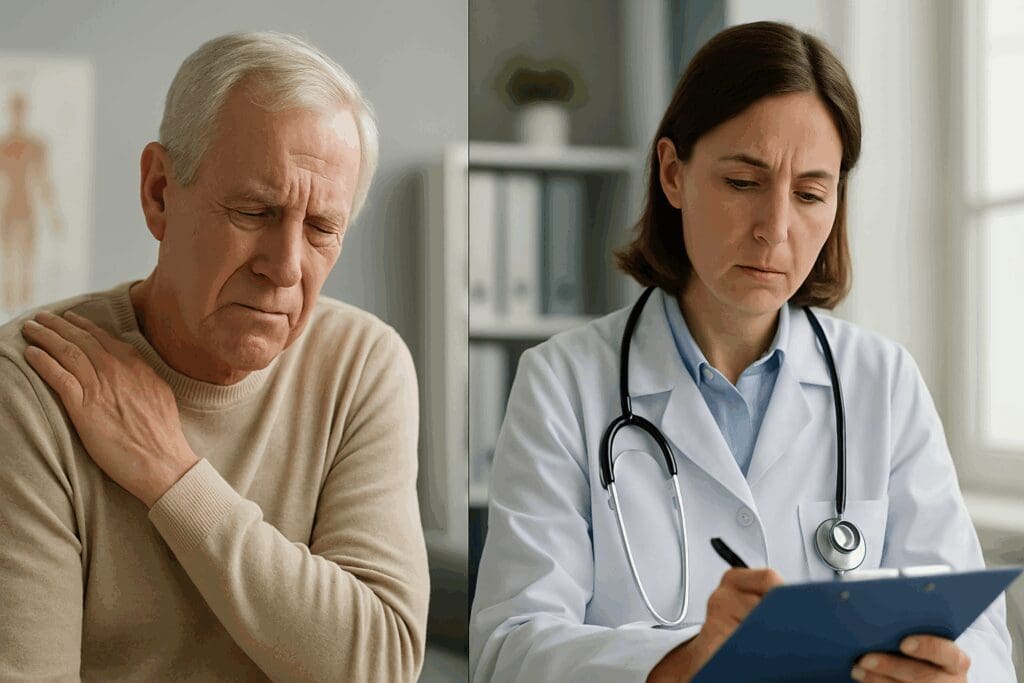Elderly man showing physical discomfort beside a doctor reviewing notes, illustrating hidden anxiety in seniors

