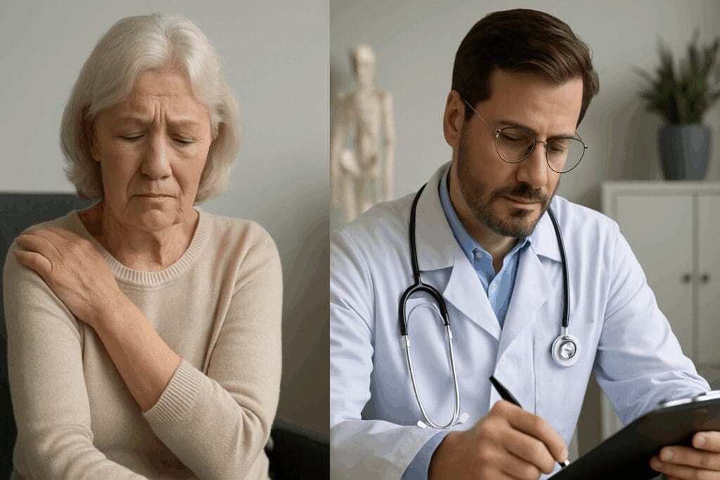 Elderly woman with shoulder pain and subtle distress in a doctor’s office, illustrating hidden anxiety in seniors