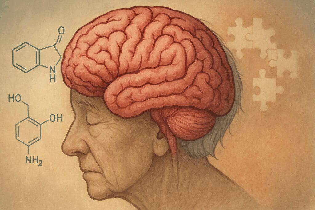 Aging human brain showing neurotransmitter decline and early dementia patterns, illustrating anxiety in seniors


