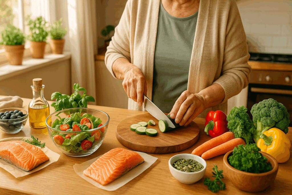 Senior preparing a healthy anti-anxiety meal with salmon and vegetables in a sunlit kitchen, promoting diet-based support for anxiety in seniors

