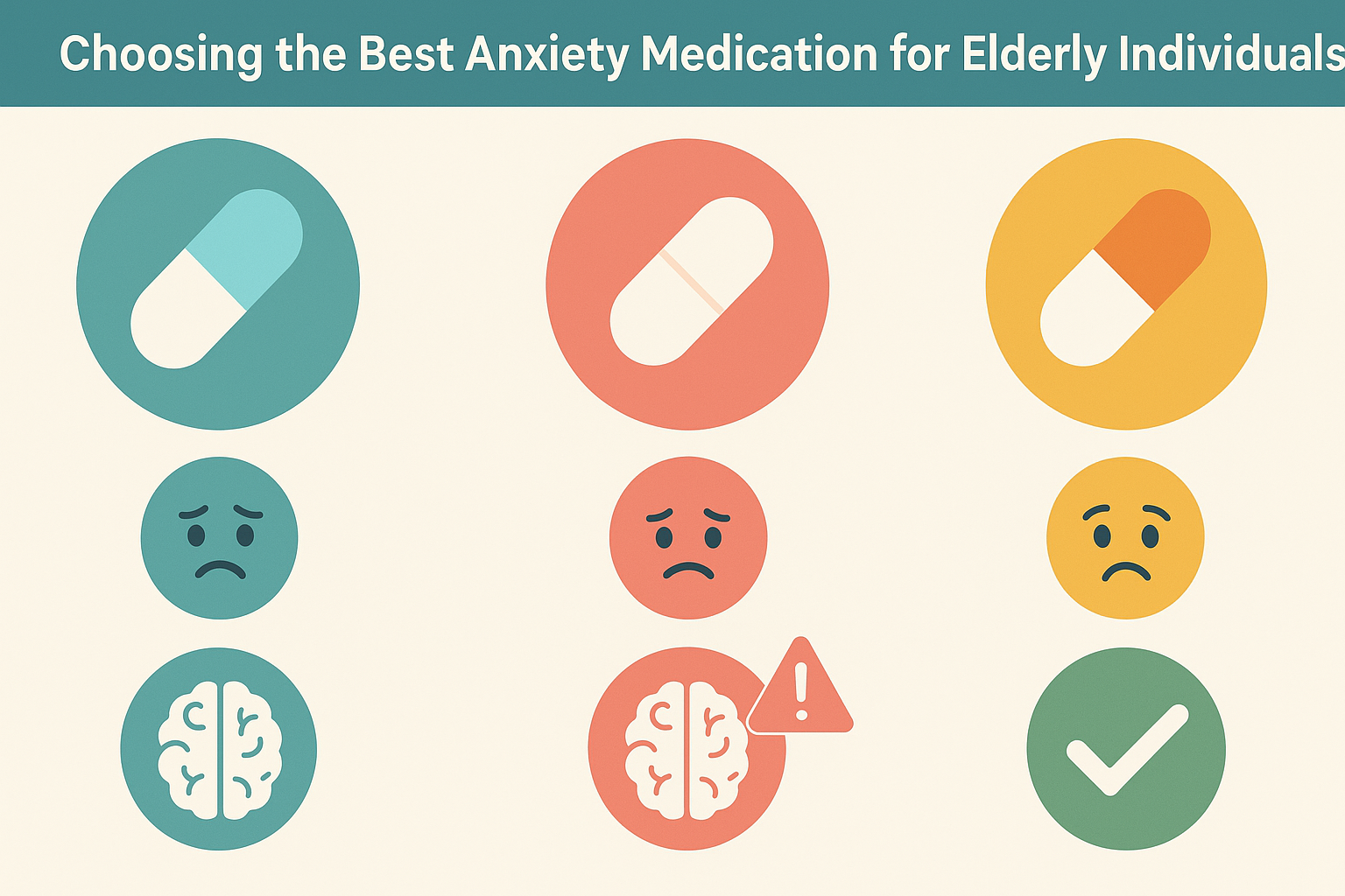 Infographic visually comparing medication types for treating anxiety in seniors, showing side effects and safety risks using icons only