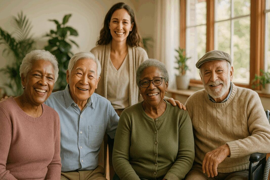 Smiling seniors of diverse backgrounds gathered in a sunny community center, representing inclusive access to free mental health help.