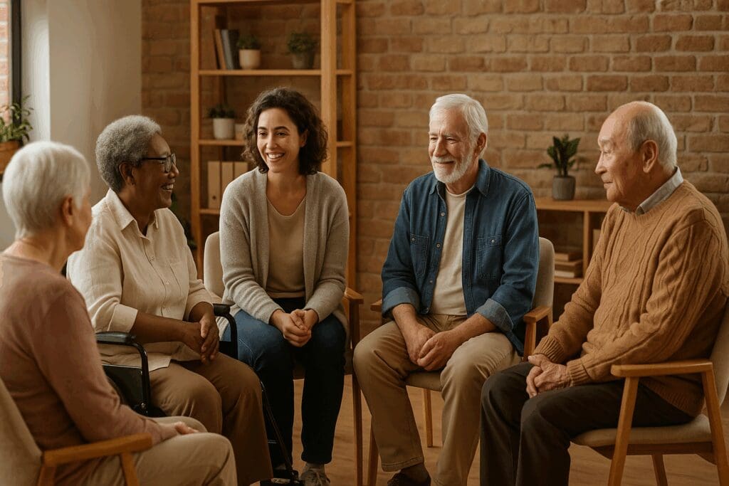 Diverse group of seniors in a cozy therapy session with a facilitator, symbolizing free mental health help in a supportive community setting.

