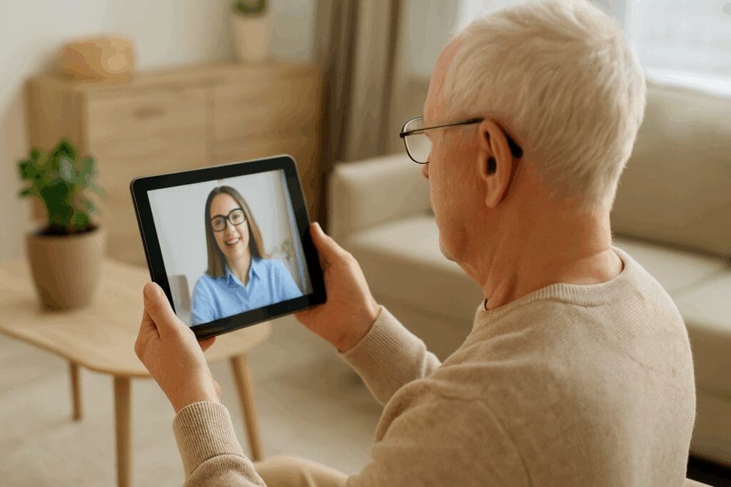 Senior man using a tablet at home for a video session with a therapist, accessing free mental health help online


