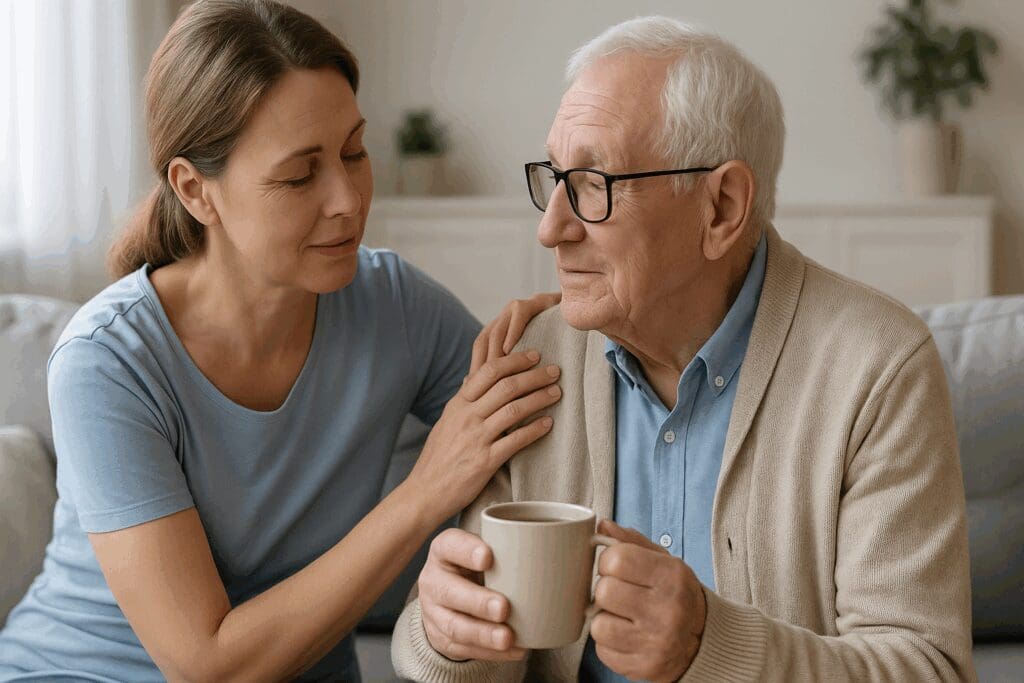 Middle-aged caregiver offering tea and emotional support to an elderly man at home, highlighting free mental health help through compassionate care.

