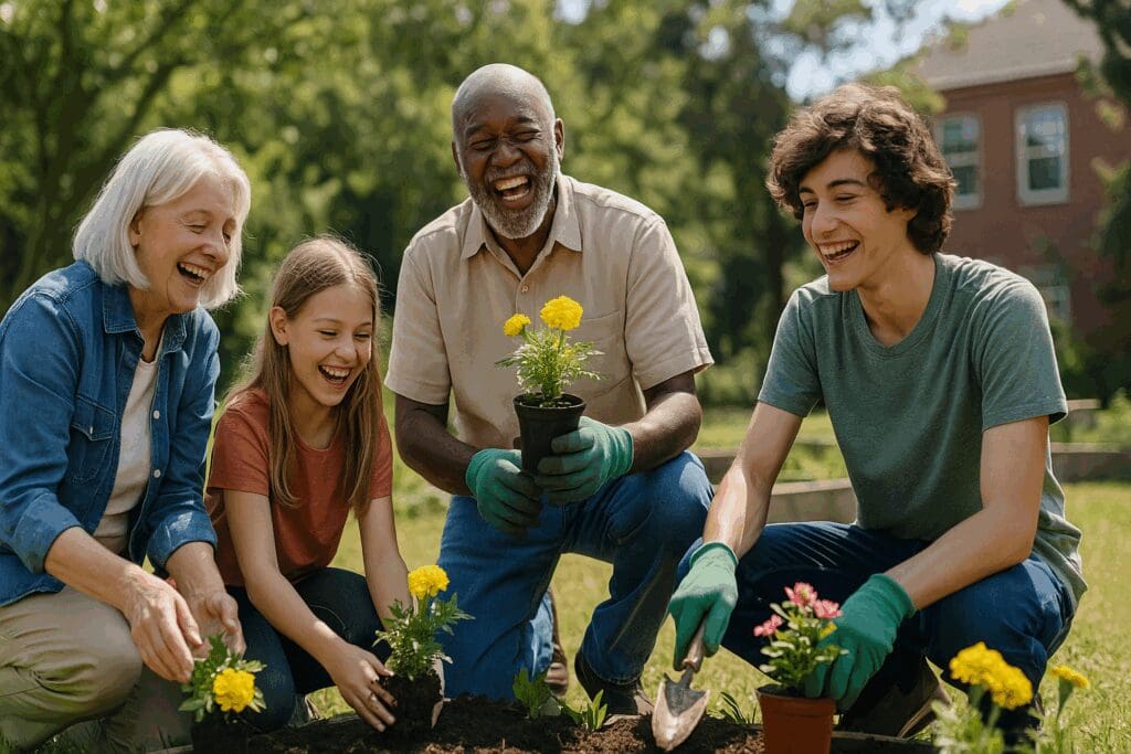 Seniors and children gardening together in a sunny community park, showing emotional connection and support through free mental health help.

