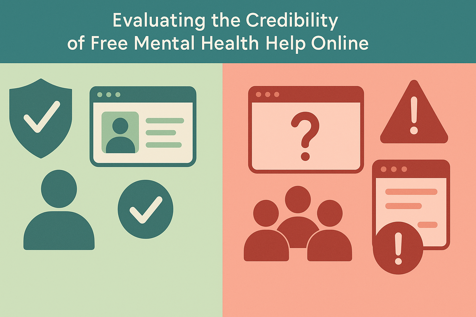 Infographic comparing trustworthy and untrustworthy sources of free mental health help using icons like shields, checkmarks, question marks, and alert symbols