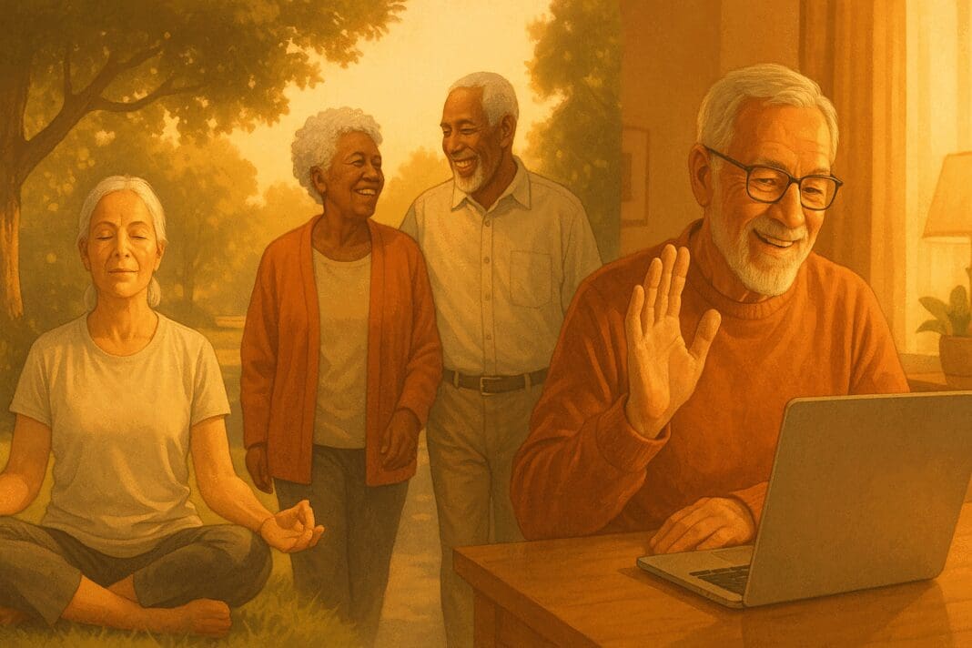 Older adults practicing yoga, walking, and video chatting with family, illustrating how to improve mental health through connection and mindfulness.