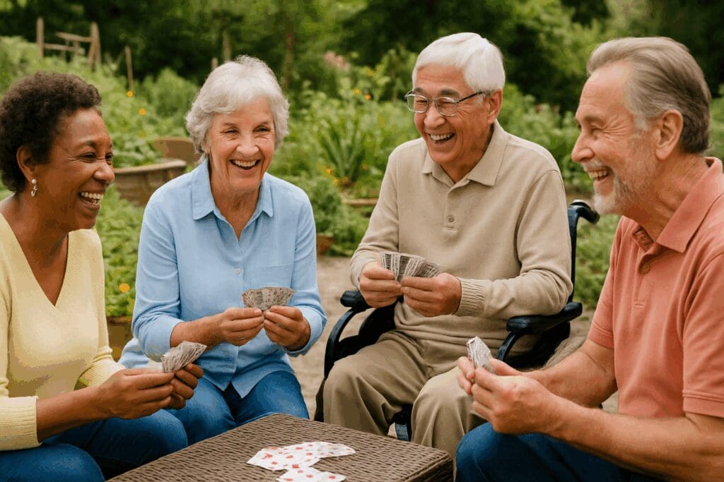Diverse group of seniors smiling and making eye contact while playing cards outdoors, showing how to improve mental health through social connection.

