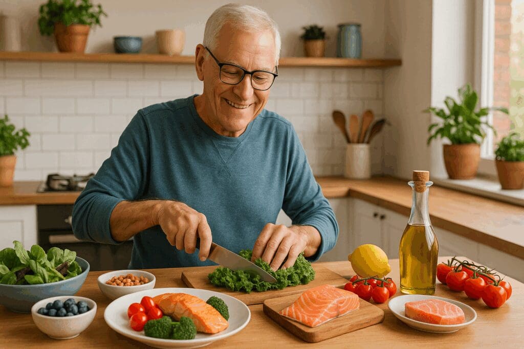 Senior man preparing a Mediterranean meal with salmon, leafy greens, and olive oil, showing how to improve mental health through nutrition.

