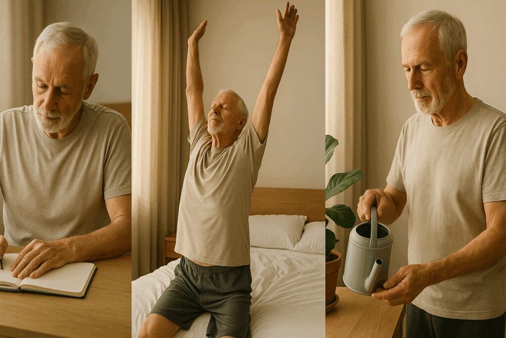 Senior man journaling, stretching, and watering plants as part of a calming morning routine, illustrating how to improve mental health

