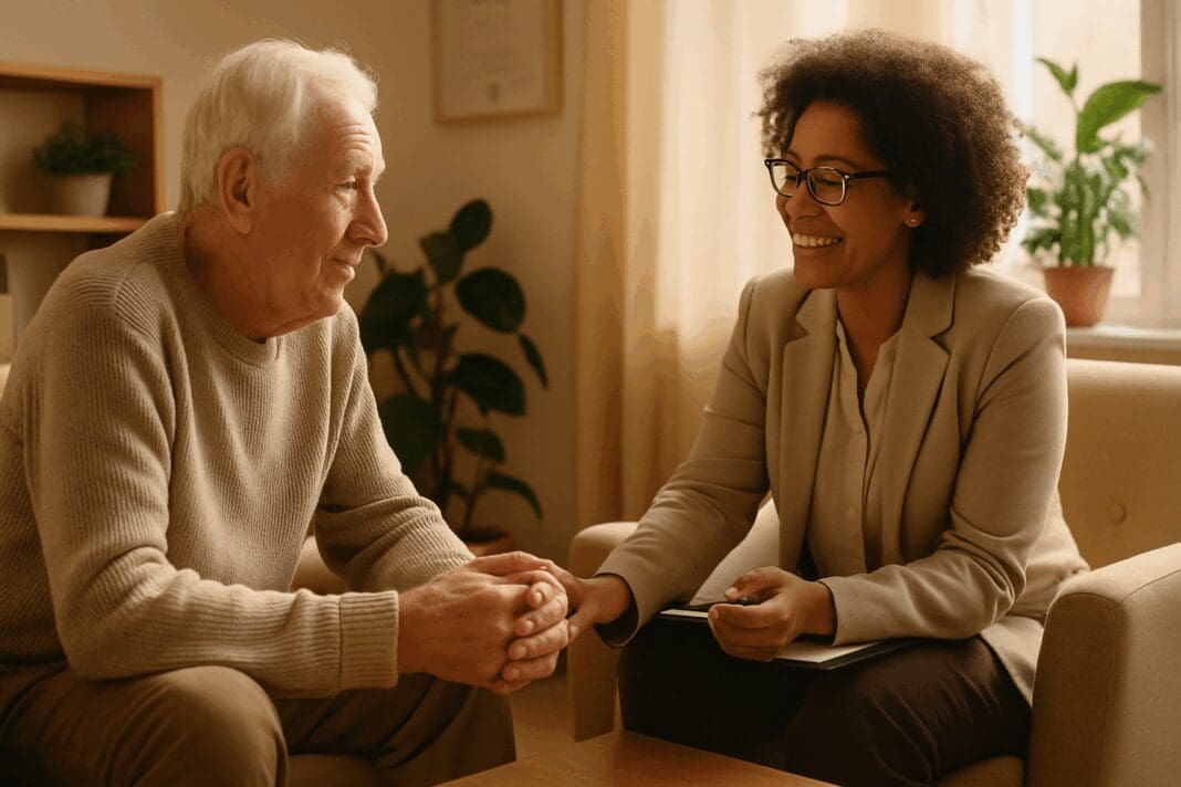 Elderly man speaking with a compassionate therapist in a bright, inviting office, representing trusted mental health providers near me