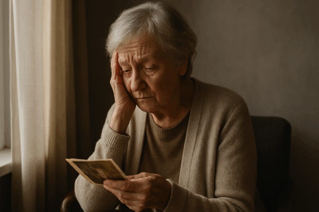 Elderly woman reflecting alone while looking at old photos, symbolizing isolation and the need for mental health providers near me

