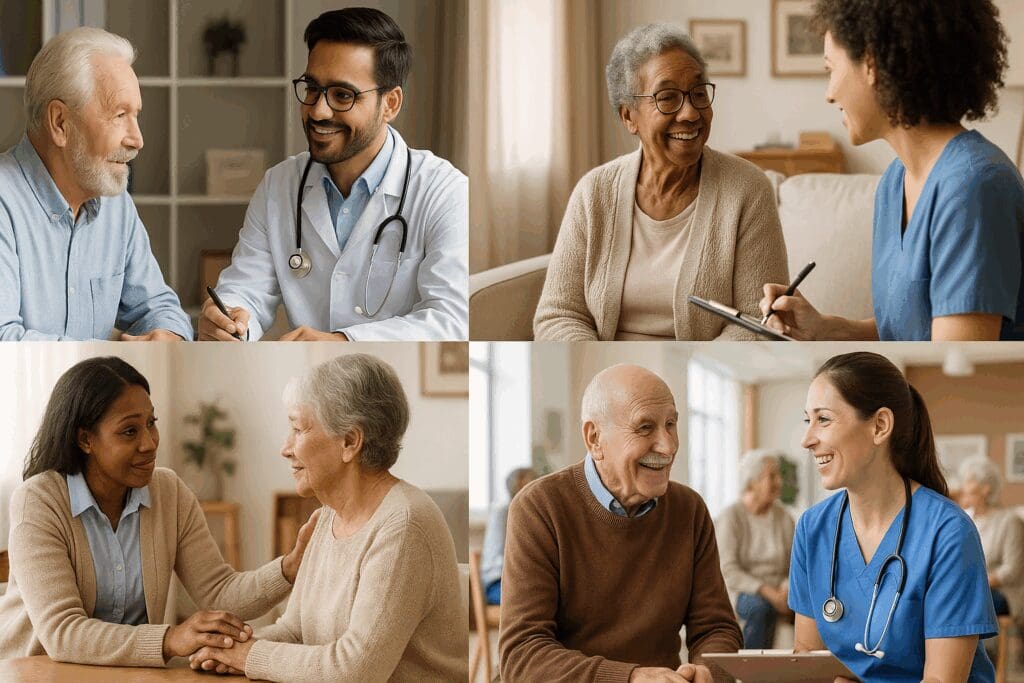 Diverse mental health providers near me—psychiatrist, psychologist, nurse, and social worker—supporting seniors in home, clinic, and community settings.

