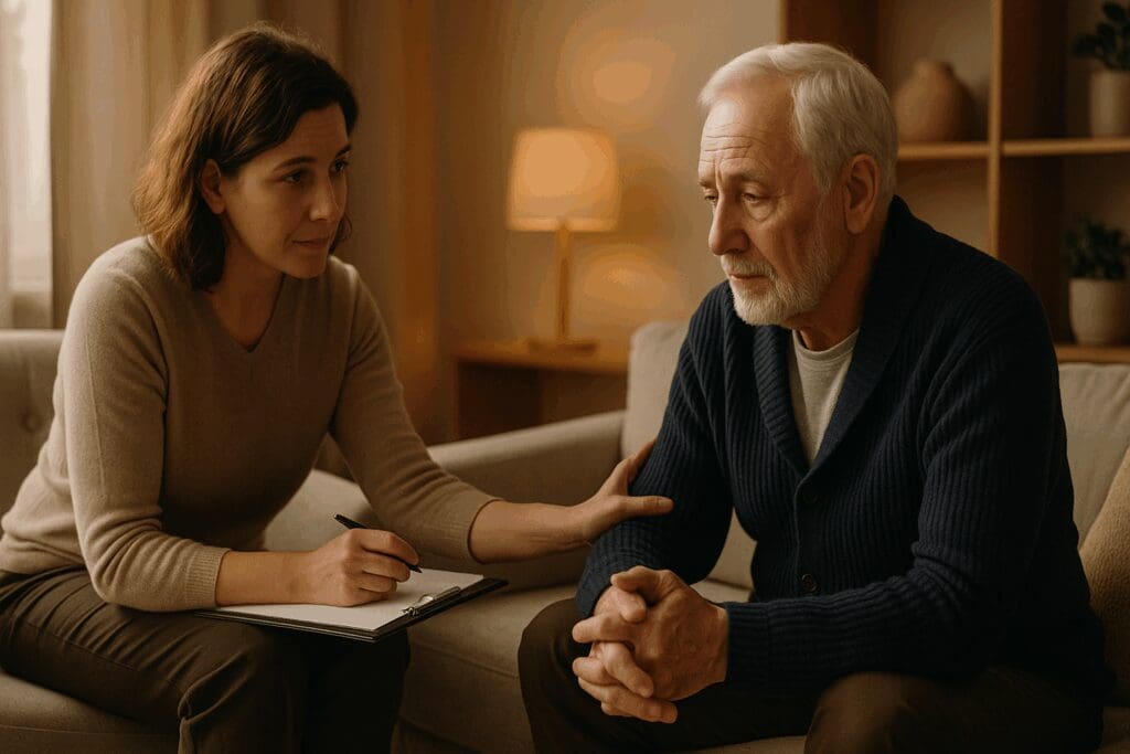 Compassionate mental health providers near me offering one-on-one therapy to an older adult in a warm, supportive setting

