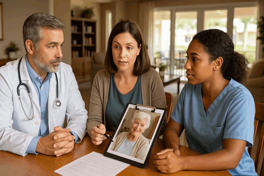 Doctor, therapist, and caregiver in a senior wellness center discussing care plan, representing mental health providers near me.

