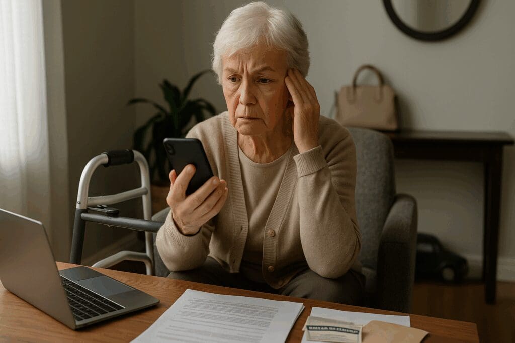 Senior woman with a walker looking at her phone, uncertain, symbolizing challenges finding mental health providers near me.

