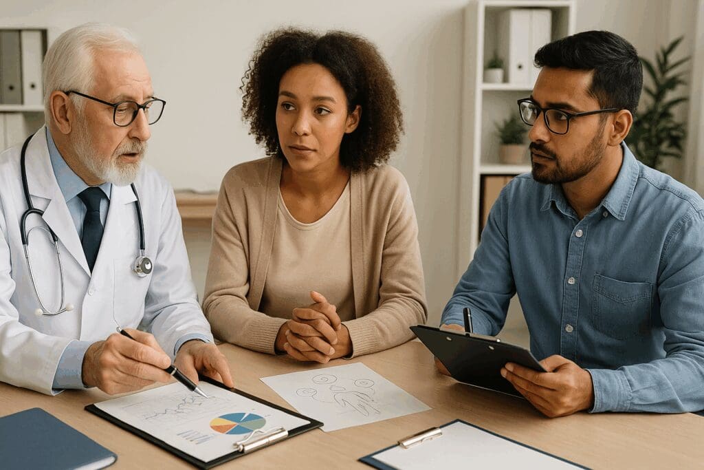 Interdisciplinary team meeting in a healthcare office at one of the mental health centers near me to discuss senior care planning with charts and clipboards