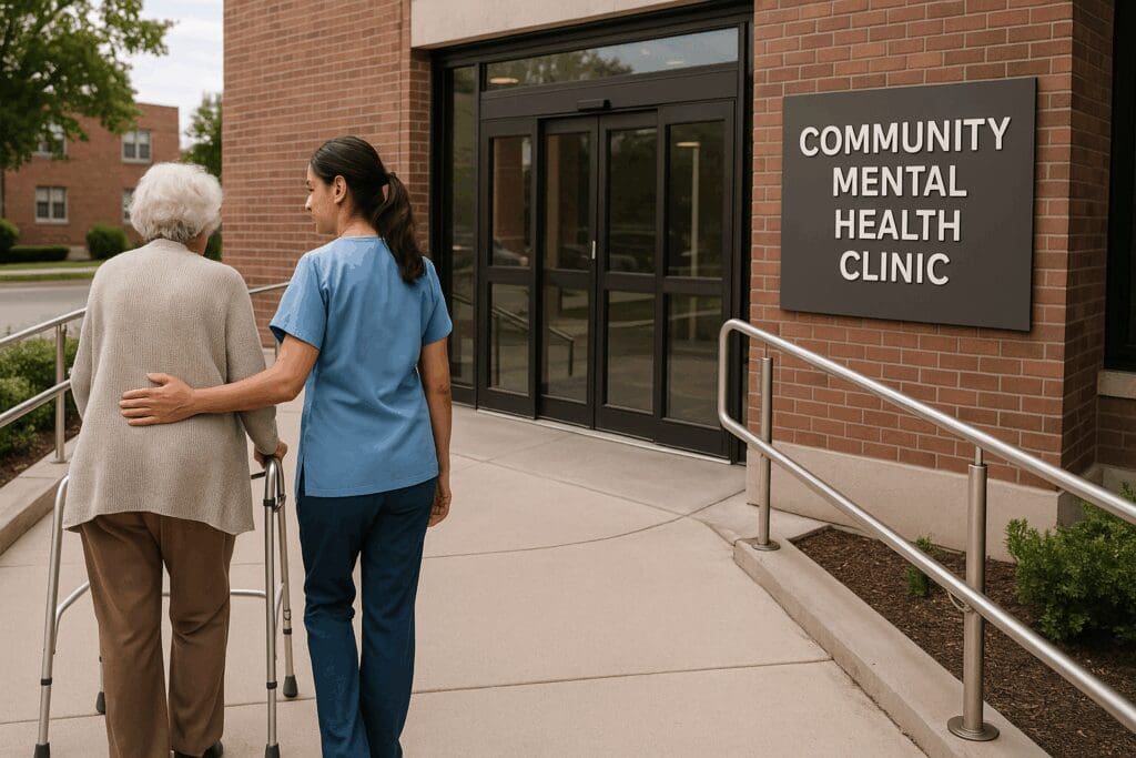 Elderly woman with a walker and caregiver entering an accessible clinic in a suburban area, representing mental health centers near me


