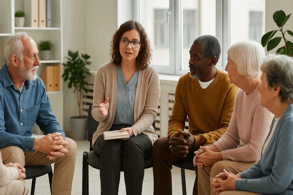 Senior group therapy session led by a counselor in a bright room, representing supportive programs at mental health centers near me

