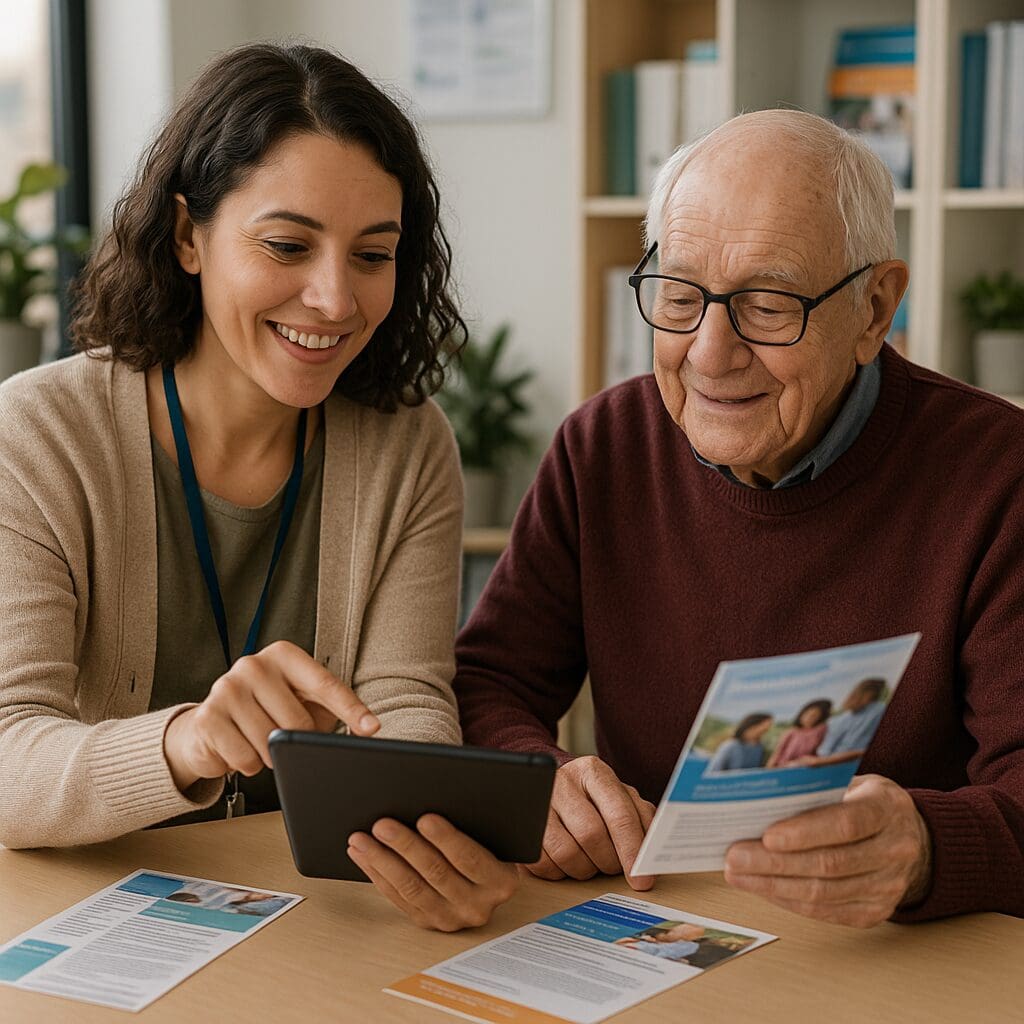 Social worker assisting elderly man with community service options on a tablet at one of the mental health centers near me.








