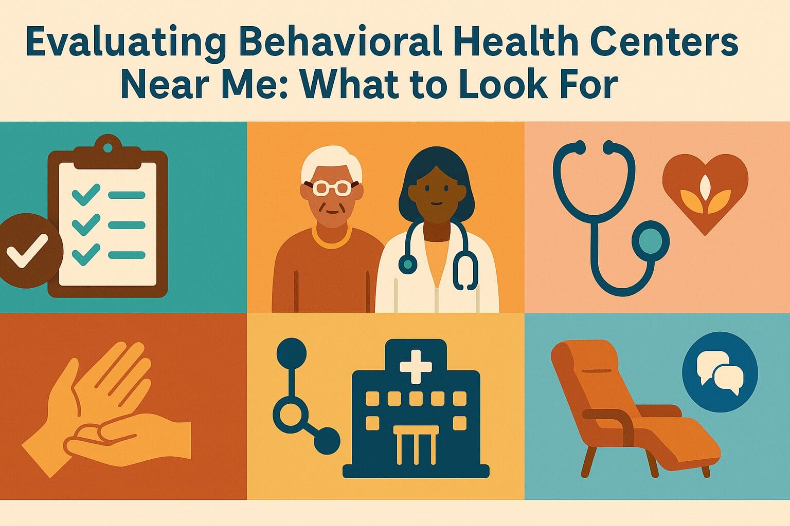 Illustrated infographic showing features of mental health centers near me, including therapy, accessibility, care coordination, and trained staff.

