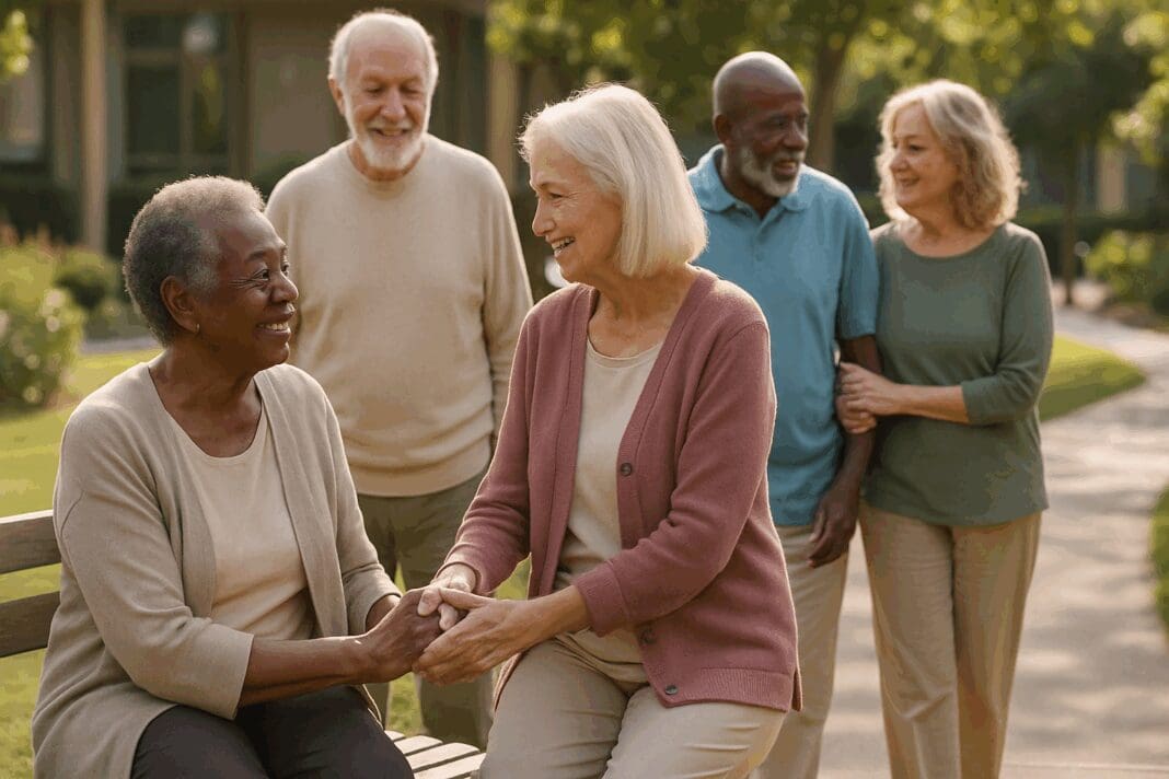 Diverse group of seniors connecting in a peaceful park setting, symbolizing the mission of mental health advocacy organizations to foster emotional well-being and community support.