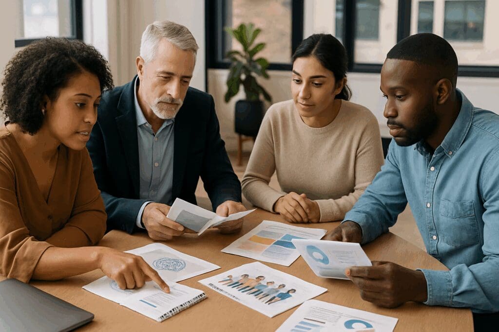 Diverse professionals collaborating around a table with mental health training materials, representing national mental health advocacy organizations.