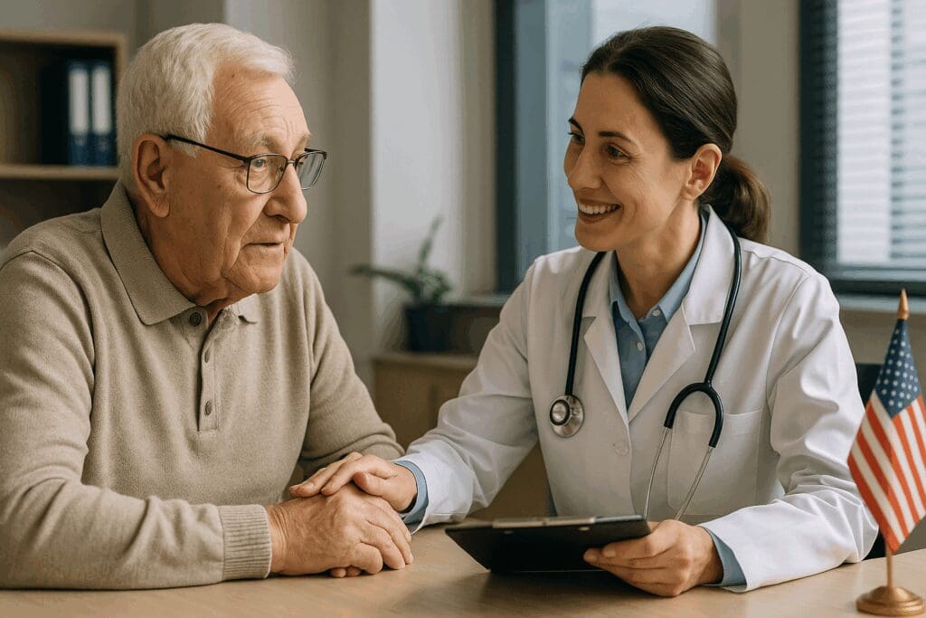 Elderly man speaking with a female doctor at a federal health clinic, symbolizing mental health advocacy organizations supporting older adults.


